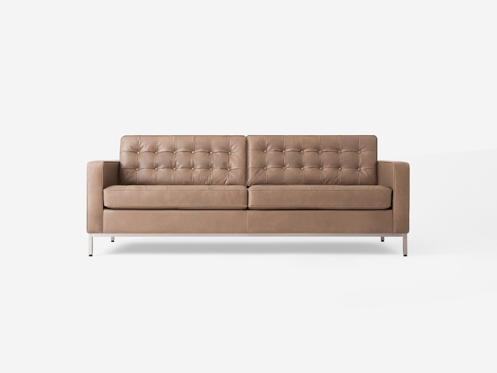 Front view of our mid century modern sofa, the Reverie 86", upholstered in brown leather